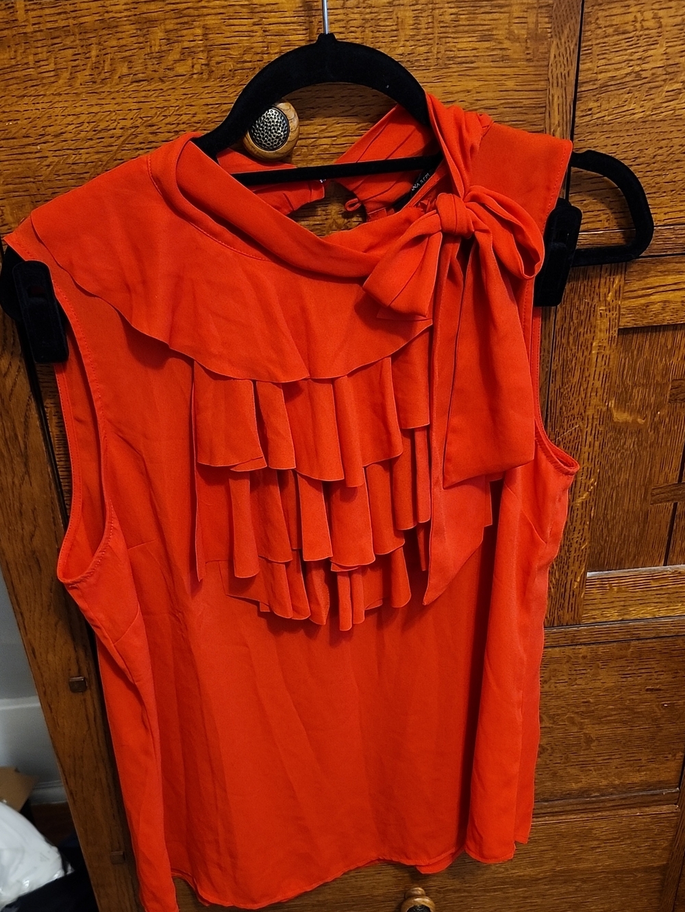 Women’s Sleeveless Ruffle Neck Tie-Accent Top - Red